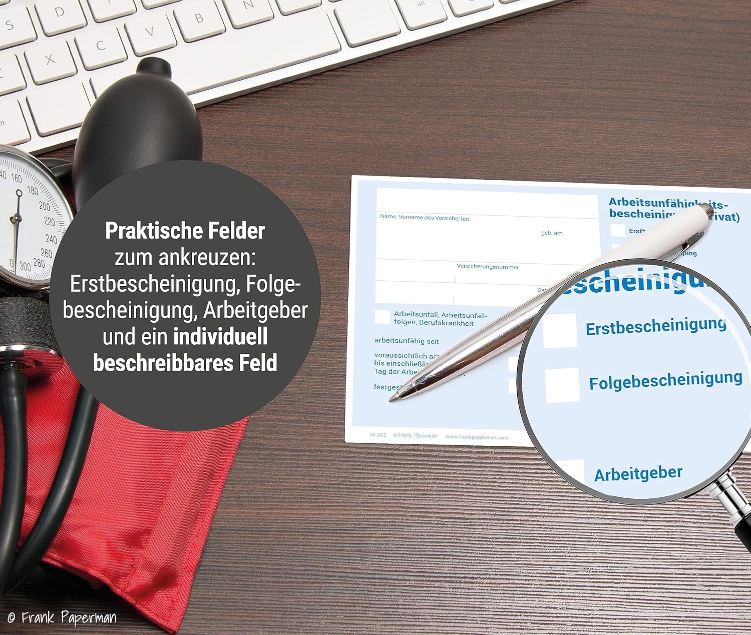 Frank Paperman® | 150x Blatt Attest block für Krankschreibungen | ungeblockt | Vordruck Arbeitsunfähigkeitsbescheinigung im DIN-A6-Format | Arzt Zubehör