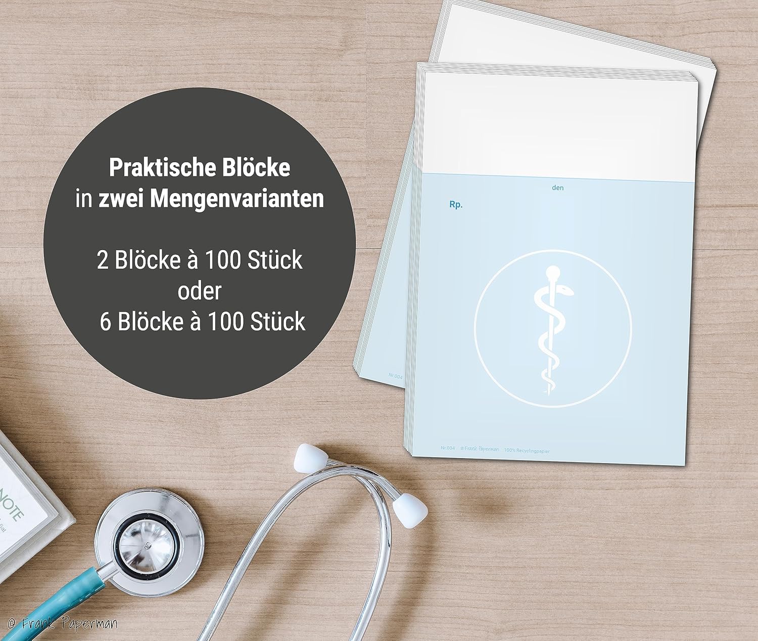 Frank Paperman® | 2x Rezeptblock Privatrezept blanko | 200 Blätter | 2 Blöcke à 100 Blätter | Privatrezepte blau für Ärzte im DIN-A6-Format | Arzt Zubehör